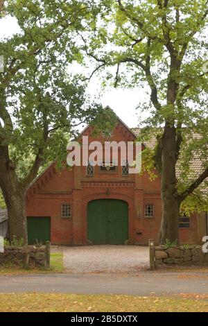 Farm house of 1895, typical brickstone building, village of Siebeneichen or Seven Oaks, county of Lauenburg, Schleswig-Holstein, North Germany, Europe Stock Photo