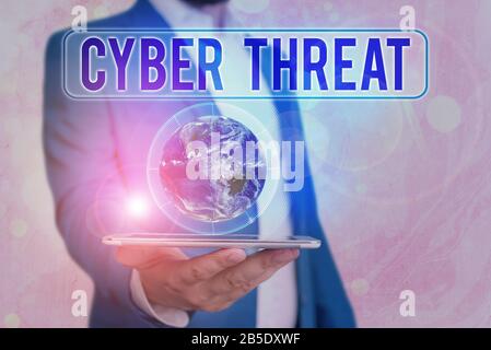 Text sign showing Cyber Threat. Business photo showcasing has a potential to cause serious harm to a computer system Elements of this image furnished Stock Photo