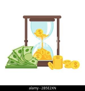 Money and hourglass. Business metaphor. Time is money concept. Stock Vector