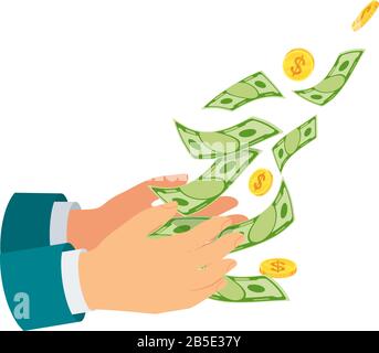 Waste of money concept. Dollar bills flying out of hands in black hole. Stock Vector