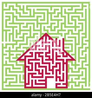 Maze pictogram, maze structure with residential building Stock Photo