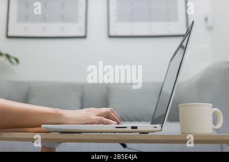 Woman is typing on a laptop, Working from home, contractor, freelance, social media Stock Photo