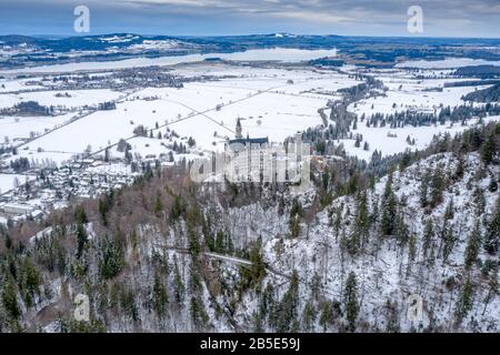 Aerial panorama of royal castle Neuschwanstein in Bavaria, Germany (Deutschland). The famous Bavarian place sign at winter day Stock Photo