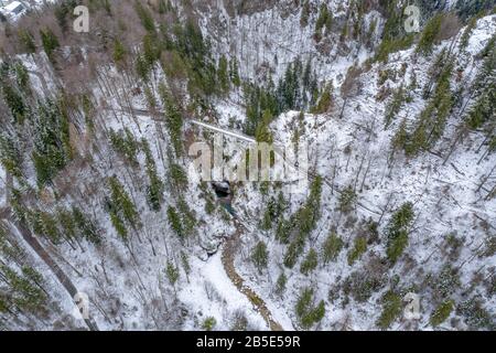 Aerial panorama of royal castle Neuschwanstein in Bavaria, Germany (Deutschland). The famous Bavarian place sign at winter day Stock Photo