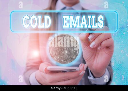 Text sign showing Cold Emails. Business photo text unsolicited email sent to a receiver without prior contact Elements of this image furnished by NASA Stock Photo