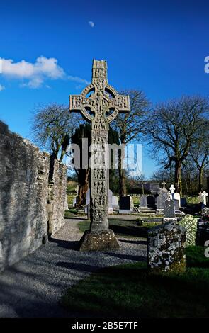 Ancient Celtic High Crosses in the old Monasterboice Abbey, Co. Louth Ireland Stock Photo