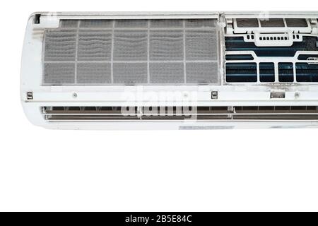 Air conditioning that is dusty on the filter plate, The dirtiness of the air filter that is not cleaning isolate on white background with copy space a Stock Photo