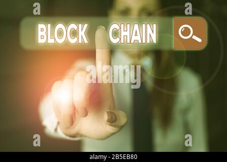 Word writing text Block Chain. Business photo showcasing system in which a record of transactions made in bitcoin Stock Photo