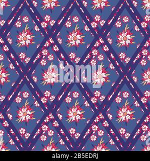 Flowers in diamond grid seamless vector pattern Stock Vector