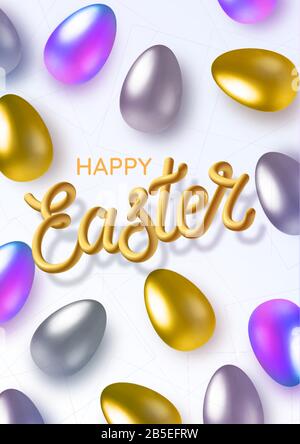 Happy easter with easter holographic, gold and silver eggs. 3D realistic metallic lettering Easter. Horizontal template for products, advertizing, web Stock Vector