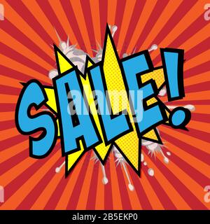 Sale pop art splash background, explosion in comics book style. Advertising signboard, price reduction, sale with halftone dots, clouds beams on red Stock Vector