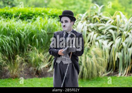 London, UK, July, 2019. One of the street performers dressed up as Charlie Chaplin.Street show Stock Photo