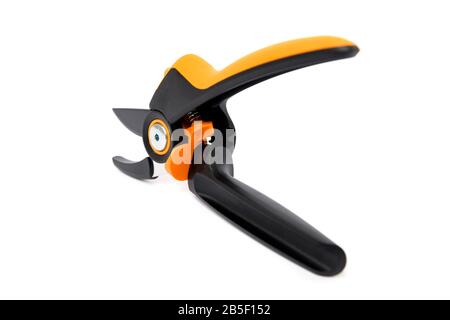 Brand new pruning shears isolated over white background. Gardening equipment cut out studio shot. Stock Photo
