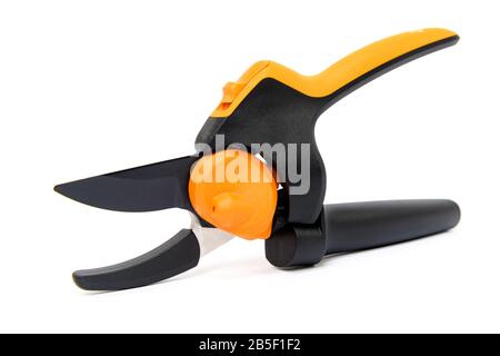 Brand new pruning shears isolated over white background. Gardening equipment cut out studio shot. Stock Photo