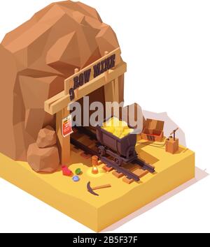 Vector isometric old gold mine and mine cart Stock Vector