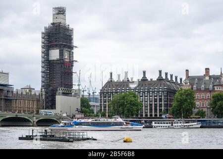 London, UK, July 28, 2019. Big Bens refurbishment. The structure was covered in scaffolding in 2017, ready for the renovations, which are expected to Stock Photo