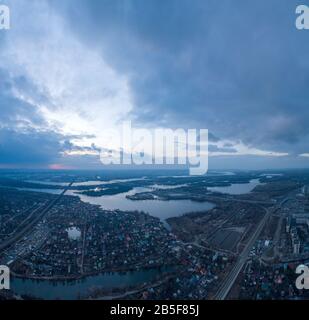 Beautiful panoramic aerial view of the Dnieper River and the North Bridge or Moscow Bridge from the left bank. Stock Photo