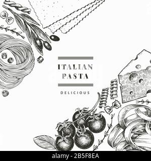 Italian pasta with addition design template. Hand drawn vector food illustration. Engraved style. Retro pasta different kinds background. Stock Vector