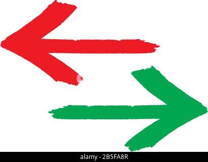 Red and green grungy arrows direction signs painted with hand brush with rough outline stroke texture and over white transparent background. Vector il Stock Vector