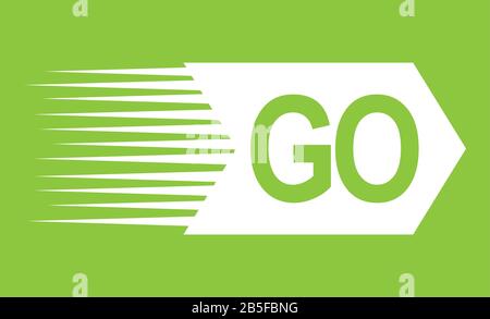 GO white word text and direction arrow resembling a rocket with jet exhaust in movement pointing right ahead on green background as motivational messa Stock Vector