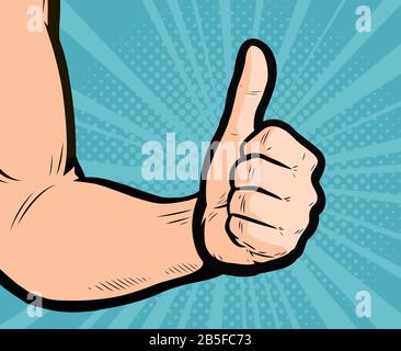 Thumb up hand gesture. Retro comic pop art vector illustration Stock Vector