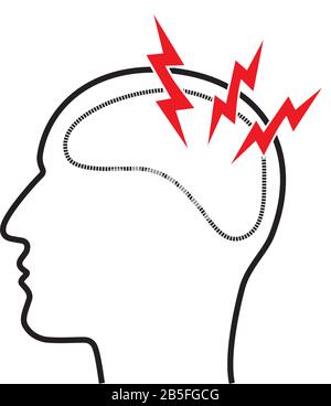 Migraine headache pain and central nervous system disease image concept. Human head profile outline with three red  lightnings in white background. Ve Stock Vector