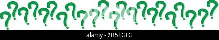 Question mark signs in green color aligned randomly in a series pattern with shadow isolated on a white transparent seamless wide banner background. V Stock Vector