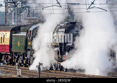 British Railways Standard Class 7, number 70000 Britannia a preserved steam locomotive, owned by the Royal Scot Locomotive and General Trust.