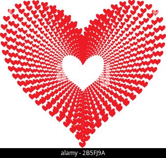 Red hearts pattern forming the shape of a large heart in concentric alignment pattern perspective as a tunnel of love and isolated in a simple pink ba Stock Vector