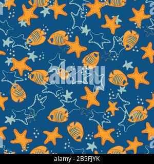 starfish and yellow blue angelfish seamless vector pattern Stock Vector