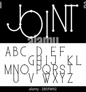 Narrow (Condensed) Regular Thin Sans Serif Font (Vector Typeface) with Joints (Connectors) for unusual compositions (layouts). Uppercase Typography. Stock Vector