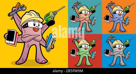 Octopus Worker (Handyman, Technician) Cartoon Style Character Design Illustration. Stock Vector