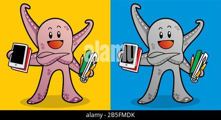 Octopus Worker (Handyman, Technician) Cartoon Style Character Design Illustration. Stock Vector