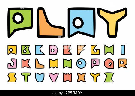 Ludic Children Flat Vector Typeface. Cute cartoon geometric style uppercase font. Solid Fill and Outline Typography. Stock Vector