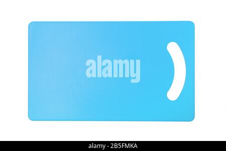 Blue plastic cutting board isolated on a white background. Top view. Stock Photo
