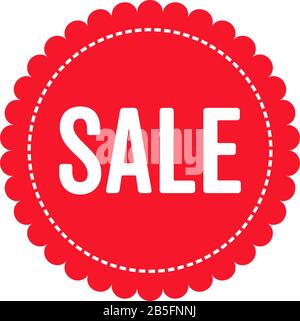 Red promotional sale button tag in circle round flower shape with dashed white line and bold text isolated. Vector illustration. Stock Vector