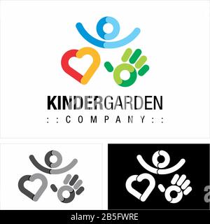 Multi-element Child (Person), Heart, Hand Vector Symbol Company (School, Kinder garden) Logo (Logotype). Geometric, Layered, Origami, Kid Style Icon Stock Vector