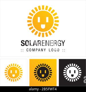 Solar Energy Vector Symbol Company Logo. Cartoon Style Logotype. Sun, Electric Plug and Smile Icon illustration (Emoticon). Elegant Identity Concept Stock Vector