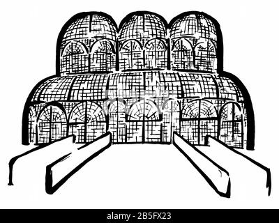 Ink Drawing of Curitiba Botanical Garden Greenhouse (Tourist Spot, Landmark, Famous Place). Artistic Cartoon Style Manual Illustration Stock Vector