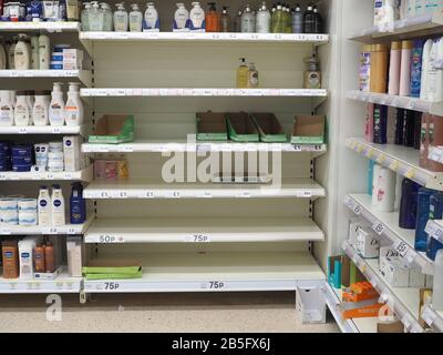 Sheerness, Kent, UK. 8th Mar, 2020. The hand sanitiser shelf of a local supermarket (Tesco) remains empty after panic buying due to the coronavirus. Credit: James Bell/Alamy Live News