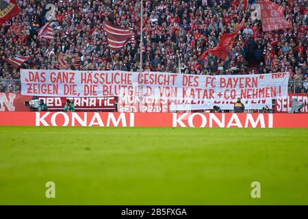 Munich, Deutschland. 08th Mar, 2020. firo: 08.03.2020, football, 1.Bundesliga, season 2019/2020, FC Bayern Munich - FC Augsburg, fans, banners, FC Bayern Munich, FCB, Bayern, Munchen, | usage worldwide Credit: dpa/Alamy Live News Stock Photo