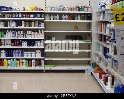 Sheerness, Kent, UK. 8th Mar, 2020. The hand sanitiser shelf of a local supermarket (Tesco) remains empty after panic buying due to the coronavirus. Credit: James Bell/Alamy Live News