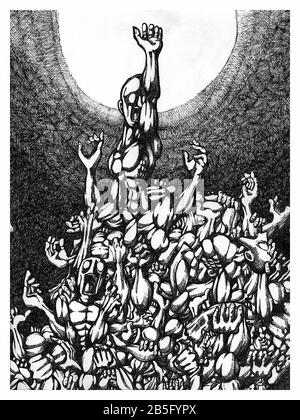 Ink Drawing (Hatch Work) of Crowd Trying to get Freedom in a Textured Unique Style. Artistic Manual Illustration turned to Vector. Pain, Agony Stock Vector