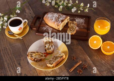 Easter breakfast with raisin bread, orange juice and coffee Stock Photo