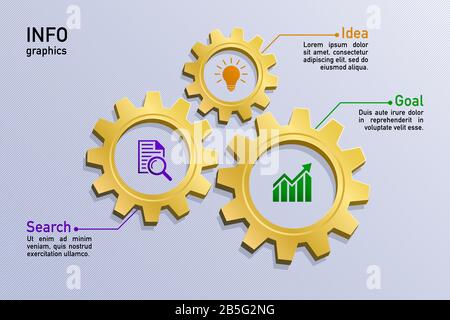 Business Infographic Template With 3 Options. Vector Gold Gear Wheels And Flat Icons, Connection Between Three Steps. Can Be Used For Workflow Layout, Stock Vector