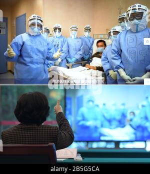 (200308) -- WUHAN, March 8, 2020 (Xinhua) -- Combo photo taken on March 8, 2020 shows Chinese Vice Premier Sun Chunlan, also a member of the Political Bureau of the Communist Party of China Central Committee, expressing her appreciation during a video chat with medical workers at a hospital in Wuhan (bottom), and the medical workers attending the video chat in Wuhan, central China's Hubei Province. Sun extended greetings to women fighting the novel coronavirus disease (COVID-19) at the frontline on Sunday, the International Women's Day. (Xinhua/Li He) Stock Photo