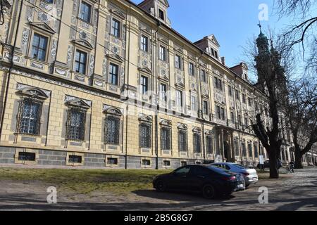 March 8, 2020, Lubiaz, Poland: The stronghold in Lubiaz, located on one of the oldest river crossings through the Odra River, was built in the Early FEU and was considered very old in the 12th century. It was to this town on August 16, 1163, that the first Cistercians came from Pforty on the Saale in Thuringia. Prince BolesÂ³aw I Wysoki brought them to Lubiaz.....At the beginning of the 13th century, he organized his branches: in MogiÂ³a near Krakow - 1222, in Henrykow - 1227, in Kamieniec Zabkowicki - 1249 and took over the care of the Cistercian monastery in Trzebnica.....The fourteenth cent Stock Photo