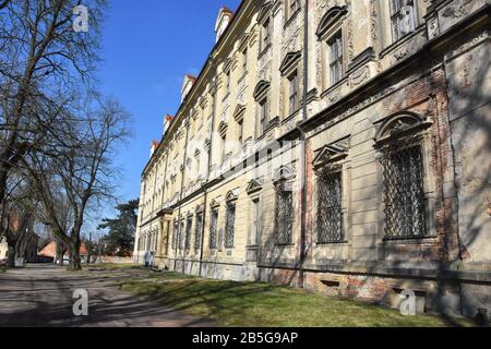 March 8, 2020, Lubiaz, Poland: The stronghold in Lubiaz, located on one of the oldest river crossings through the Odra River, was built in the Early FEU and was considered very old in the 12th century. It was to this town on August 16, 1163, that the first Cistercians came from Pforty on the Saale in Thuringia. Prince BolesÂ³aw I Wysoki brought them to Lubiaz.....At the beginning of the 13th century, he organized his branches: in MogiÂ³a near Krakow - 1222, in Henrykow - 1227, in Kamieniec Zabkowicki - 1249 and took over the care of the Cistercian monastery in Trzebnica.....The fourteenth cent Stock Photo