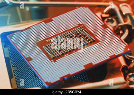 The central processor on the computer motherboard in red colors. PC repair, technician and industry support concept. Stock Photo