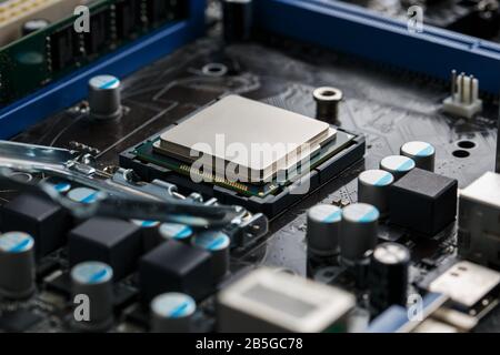 Close-up of CPU Chip Processor. Selective Focus. Stock Photo